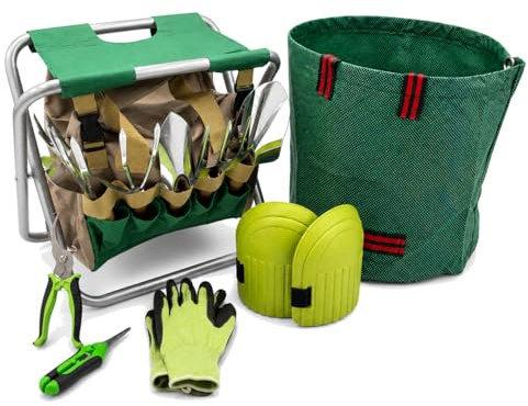 Kit Jardinería Ergonómico Verdorin - Taburete Plegable + 12 Herramientas Acero Inoxidable + Bolsa + Guantes + Rodilleras - Jardinería sin Dolor en la espalda ni en las Rodillas