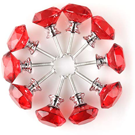 Sourcingmap Diamond Shape Crystal Glass 30mm Kitchen Cabinet Door Drawer Knob Cupboard Dresser Wardrobe Pull Handle with Screws, 10pcs Red