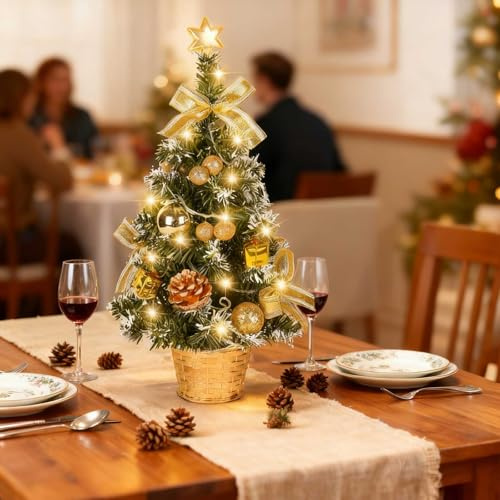 Mrinb 45CM Artificial Mini Christmas Tree with Battery Operated LED Lights, Includes Star, Baubles, Bows, Pine Cones, Tabletop Xmas Decor for Home, Office, Bar(Gold)