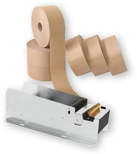 Europack24 Nassklebe-Set: 6 Rollen Nassklebeband und 1 Klebestreifengeber | 60mm x 200m unverstärkt | Paketklebeband für Kartonagen | stark klebendes Packband | Klebebandanfeuchter für Büro und Lager