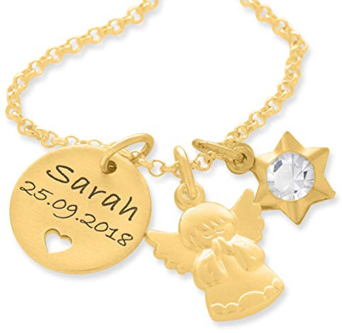 Taufkette mit Engel Gold Schmuck Baby Namenskette Kinderkette Mädchen zur Taufe Engel Kette Namenskettchen Kinder Gravur Goldkette Kommunion Taufschmuck Taufe Schutzengel