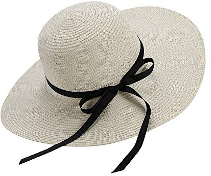 Moxamo stråhatt för kvinnor sommar rosett strand vikbara hattar UV-skydd UPF50+ brett brätte diskett damer män halmsolhatt packbar semester strandtillbehör, Vitt, 1