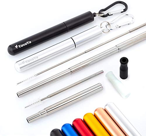 YavaYa® Set di 2 cannucce telescopiche riutilizzabili in acciaio inox, spazzola per la pulizia, moschettone, custodia in alluminio, elegante cannuccia in metallo, facile da pulire, eBook gratuito