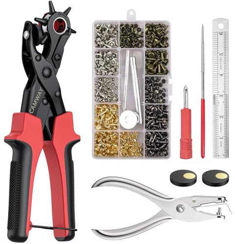 CAMWAY Ensemble d’Appareils à Trous Perforateurs Pince Perforatrice Rotative pour Cuir 6 Tailles + 240 Rivets à Double Capuchon pour Bracelets de Montres, Colliers de Chien, Chaussures, Tissus, Papier