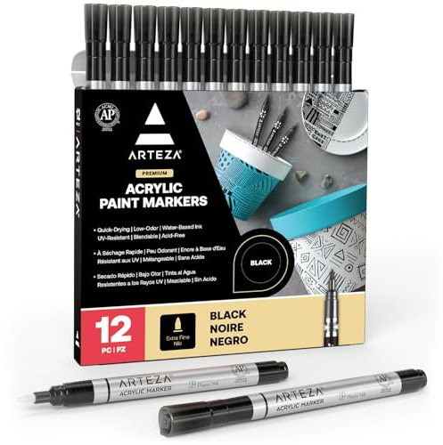 Arteza Acrylic Paint Markers, Pack of 12, Black Acrylic Paint Pens, Long-Lasting, Art & Craft Supplies, Black Paint Pens with Plastic Nib, Use on Canvases for Painting, Glass, Plastic, and Rock