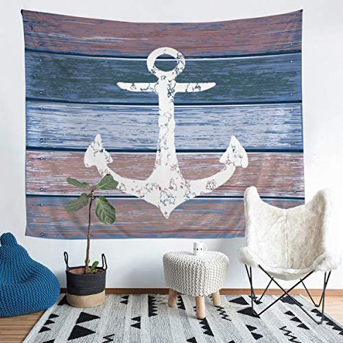 Tbrand Anker Wandbehang Nautisches Thema Wandteppich 148x200cm Vintage Timeworn Verwitterte Holzbretter Rustikales Tapisserie Hypoallergen Dekorativ,Blau,Braun