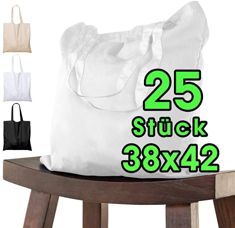 ELES VIDA Bomullsväska 38 x 42 cm otryckt, 25 stycken - två korta handtag OEKO-TEX® certifierad tygväska, bärväska, bomullspåse, shoppingväska, jutepåse, tygpåse måla vit