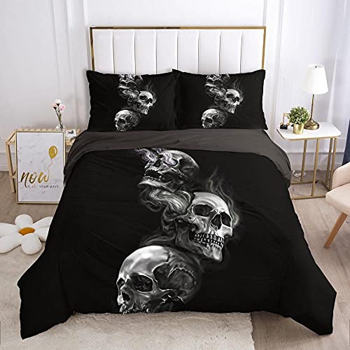 kldby Bettbezug 200x220 Totenkopf Schwarz Bettwäsche Set, 100% Microfaser Weiche Atmungsaktive 3 Teilig - 1 Bettbezüge mit Reißverschluss und 2 Kissenbezug 80x80 cm