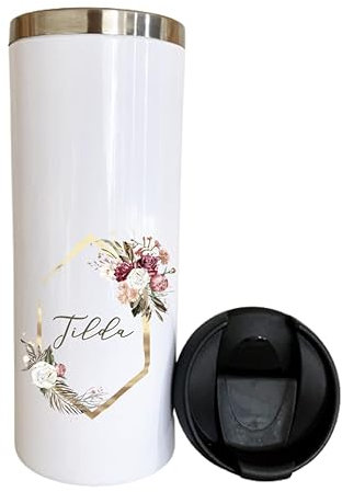 Manufaktur Liebevoll Personalisierter Thermobecher to go Trinkbecher mit Namen Kaffeebecher personalisiert Thermobecher Gravur Frau Floral (Motiv Tilda weiß)