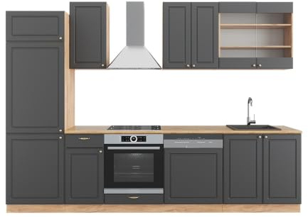 Vicco Küchenzeile Fame-Line, Anthrazit Landhaus/Goldkraft Eiche, 300 cm | 8 Module · Höhenverstellbare Füße · Ohne Arbeitsplatte · MDF-Fronten · Softclose · Metallgriffe