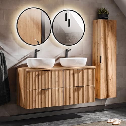 Lomadox Badmöbel Set, Wotaneiche Rillenoptik, 120cm Waschtisch mit Unterschrank, 2 Keramik Waschbecken 2 LED-Spiegel, Hochschrank, B/H/T 170/200/46,5 cm