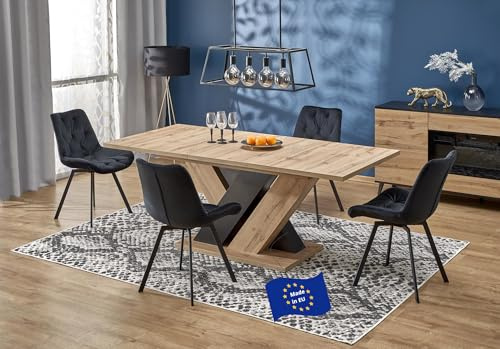 Design Esstisch HAB-111 Eiche Artisan / Schwarz Hochglanz ausziehbar 160 cm bis 200 cm Esszimmertisch für bis zu 10 Personen Hochglanz Funktionstisch modern vielseitig Esszimmer erweiterbar zeitlos