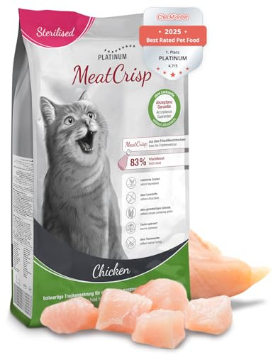 PLATINUM - Katzenfutter MeatCrisp Sterilised Chicken aus dem Frischfleischtrockner - 1,5kg Trockenfutter für Katzen mit 83% Frischfleisch - Crispy Biss - reduzierter Kaloriengehalt