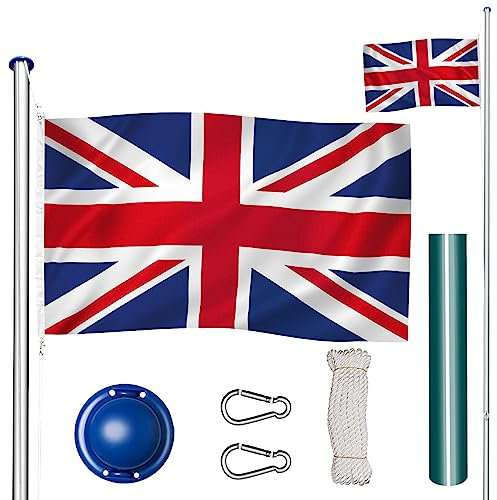 tectake® Asta Alluminio 625 cm con Bandiera, Corda e Piantone, Set, Regolabile in Altezza, Asta Allungabile, Asta Bandiera Esterno, Asta per Bandiera da Giardino - UK