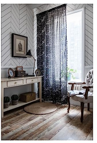 Homxi Voile Vorhang Wohnzimmer 2er Set 2 x 150W x 200H cm,Gardinen Transparent Küche Schwarz Marmoriertes Muster mit Quaste Gardinen Vorhang mit Taschen