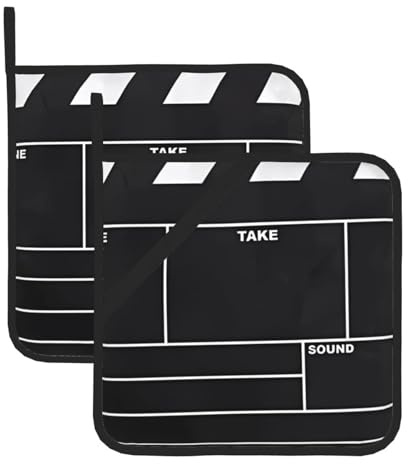Set di 2 presine nere con motivo film classico, resistenti al calore, antiscivolo, con tasche per cucina, cucina, cottura al forno, barbecue