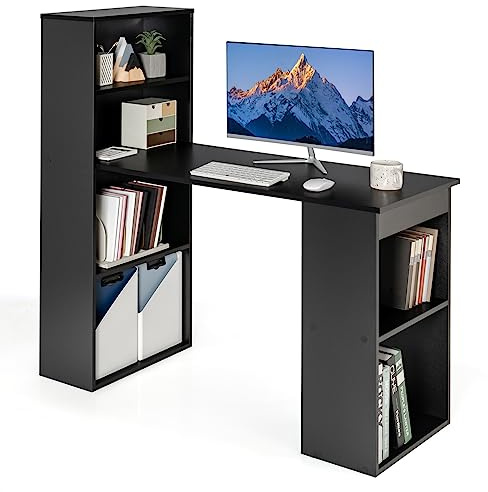 COSTWAY Bureau d'Ordinateur Réversible avec Bibliothèque, Poste de Travail Moderne avec Étagères de Rangement à 6 Niveaux, Assemblage Facile, pour Maison, Bureaux (Noir)