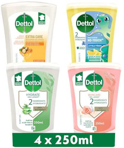 DETTOL - 4 Recharges No-Touch Savon Liquide Mains 250 ml - Miel & Vanille, Citron, Eau de Rose & Beurre de Karité et Aloe Vera & Bambou