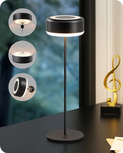 EDISHINE Rechargeable Table Lamp, LED Touch Bedside Lamp, Dimmable, 2 Color Modes, Dimmable Small Lamp for Living Room, Bedroom, Patio, Camping, 4400mAh, Black, Magnetic Accessories