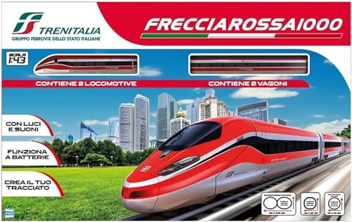Track Trenitalia Frecciarossa 1000 Skala 1:43 med ljus och ljud - Leksakståg 2 lok 2 vagnar och 3 spår - Batteridriven + kubnyckelhållare