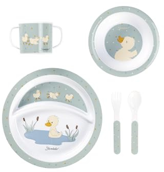 Sterntaler Geschirrset Ente Edda Lou steingrün, 5er Set für Jungen und Mädchen bestehend aus Henkeltasse, Teller, Breischale,jeweils mit rutschfester Unterseite und Löffel und Gabel