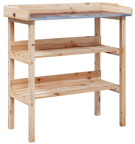 vidaXL Fir Wood Plant Table with Zinc-Top - Garden Potting Station with Shelves for Storage and Display, Ideal for Patio/Greenhouse