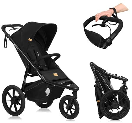 LIONELO AZURA Jogging-Kinderwagen von 6 Monaten bis 22 kg Dreirad-Jogging-Kinderwagen Verstellbare Rückenlehne in eine Liegeposition Große Lufträder Vollständige Stoßdämpfung XXL-Verdeck