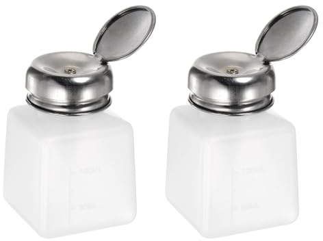 sourcing map 2pcs Solvent Alcohol Dispensers 100ml(3.4oz) Push Down Liquid Dispenser Pump Bottle with Sealing Stainless Steel Lid for Acetone Solution, White