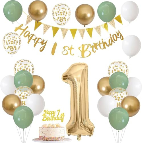 1st Birthday Decorations for Boys Girls, Sage Green White Gold Birthday Balloons with Banner and Cake Topper, Number 1 Balloon for Baby's Party Decor (1st Birthday)