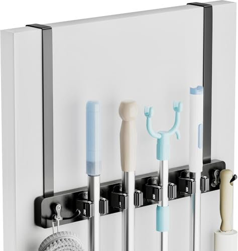 KILPDNZA Besenhalterung Wand Ohne Bohren, Gerätehalter mit 4Halter 4 Haken, Besenhalter Edelstahl für Zuhause, Küche, Badezimmer, Garage, Garten