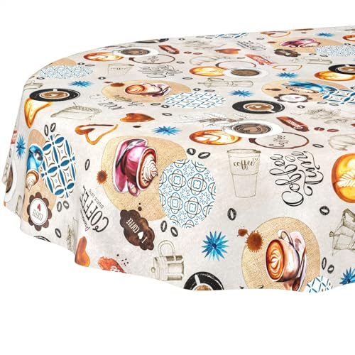 ANRO Wachstuchtischdecke Wachstischdecke Wachstuch Tischdecke abwaschbar Gartentischdecke Wasserabweisend Oval 180x140cm Schnittkante Coffee Time