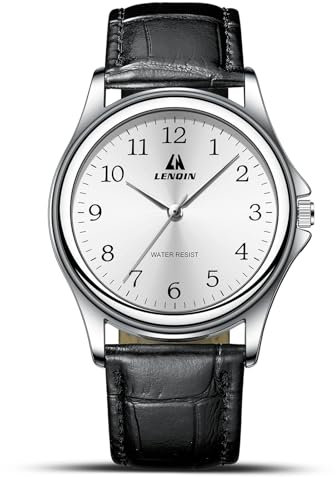 LN LENQIN Reloj Hombre Correa de Piel Relojes AnalóGicos Cuarzo para Hombres Relojes Acuatico Hombre Elegante Casual DiseñAdor Reloj de Pulsera (Silver White)