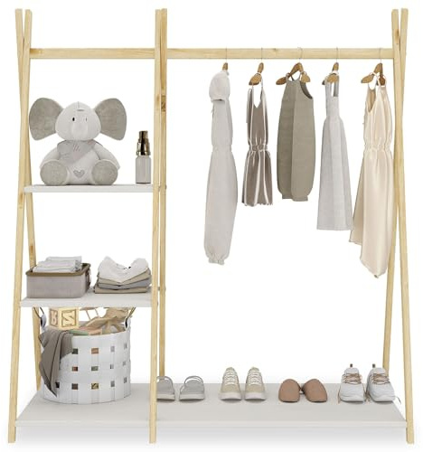 IDIMEX Kindergarderobe LOTTE mit 1 Kleiderstange & 4 Ablageböden in weiß/Natur lackiert. Montessori Design, freistehender Kleiderständer für Kinderzimmer aus Massivholz.