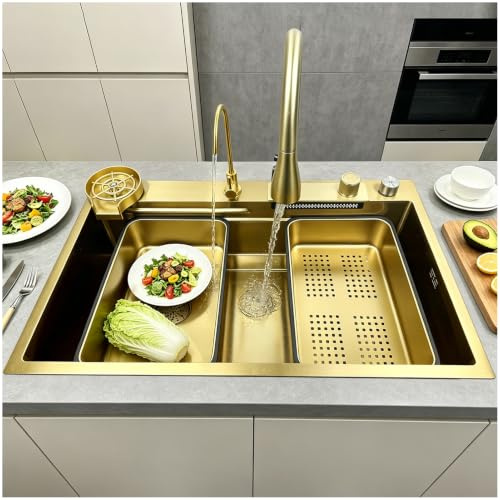 OMGMTSTORE Fregadero de cocina dorado tipo cascada de acero inoxidable, 65 x 50 cm, 1 seno, gran espacio de trabajo, con grifo extensible para cocina, 2 escurridores, tabla de cortar, dispensador de