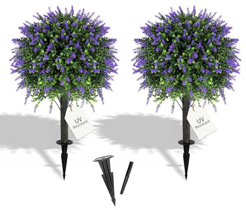 27.2 Artificial Lavender Topiary Set of 2 with Spike, Fake Plants Boxwood Balls Greenery Shrubs , Uv Resistant Artificial Push in Flowers Bushes for Outdoor Front Porch Decor, Home Faux Plants Indoor