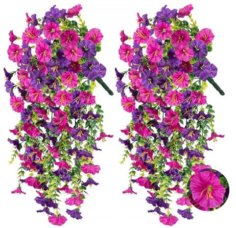 2Pcs Artificial Hanging Flowers Outdoor, Fake Trailing Plants Morning Glory Decoration UV-Resistant for Hanging Baskets - Spring Decor Garden Porch Wedding , Drooping Design for Pots & Patio (Purple)
