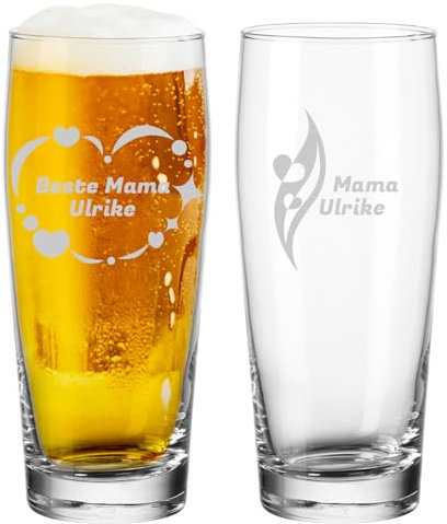 LUXENTU Bierglas mit Gravur, Willi Becher mit 0,5 Liter Eichung, Personalisierte Lasergravur mit Name & Muttertags-Motiv, Persönliches Geschenk für Mama, Spülmaschinengeeignet