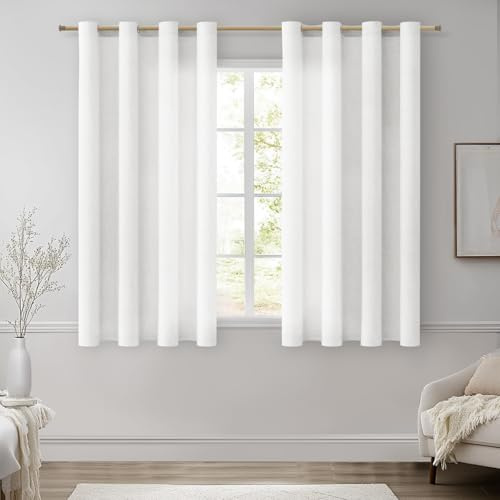 MRTREES Gardinen Leinenoptik mit Ösen Voile Gardinen Kurz Fenster Vorhänge Weiss Halbtransparent für Küche Wohnzimmer Schlafzimmer Vorhang Weiß 2er Set H 137 x B 140 cm