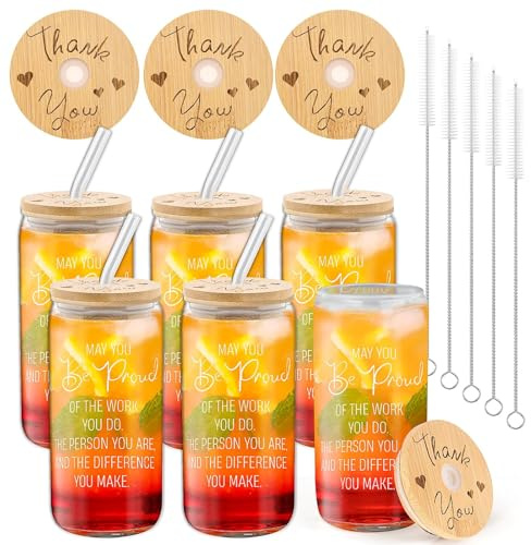6er Set Thank You Glasbecher– Mitarbeiter Wertschätzungsgeschenke Bulk für Frauen – 16 Unzen Biergläser mit Deckel und Strohhalm für Team Freunde Lehrer Krankenschwestern Erntedankfest Weihnachten