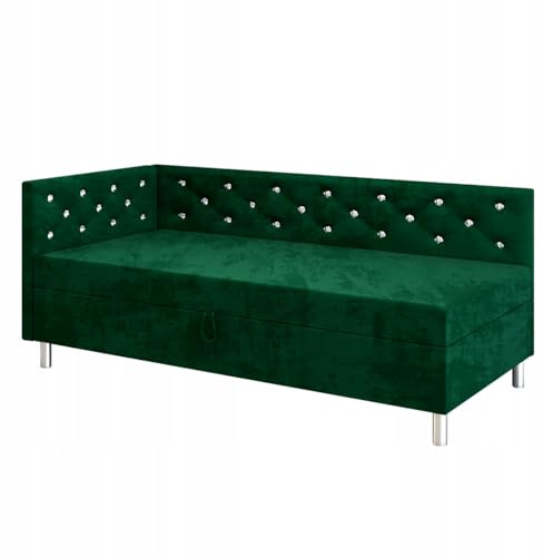 TAPCZANY24 - Boxspringbett Princess+, Bett mit Matratze 125 cm Breite | Polsterbett mit Bettkasten, Taschenfederkernmatratze, Einzel Bed mit Veloursbezug, Komfortabel Bette - Flasche Grüner Velours