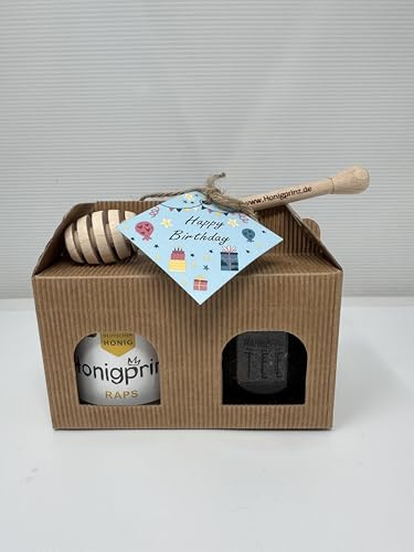 Geschenkset Happy Birthday mit Honiglöffel aus Buchenholz und Grußkarte - je 1 x 250g Honig und 1 x 50g Tee - 100% Deutscher Honig Honigprinz Familien-Imkerei
