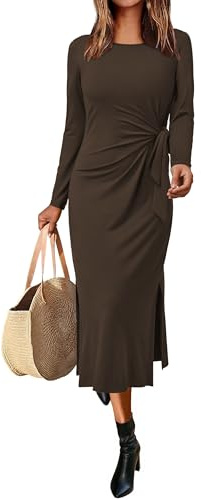 Newshows Dresses for Women UK Long/Short Sleeve Ladies Casual Maxi Dress Tie Waist Elegant T Shirt Sundress with Split
