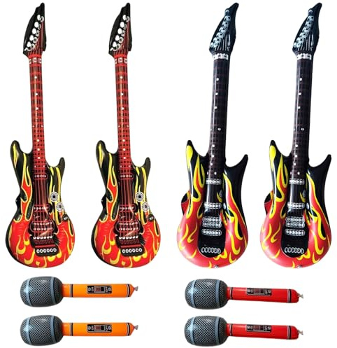 Inflatable Guitar, Inflatable Microphone, 8 Pcs Blow Up Guitar and Microphone for 80s 90s Fancy Dress, Inflatable Instruments for Photo Booth, Rock Music Performance, Beach and Carnival Party, for 14+
