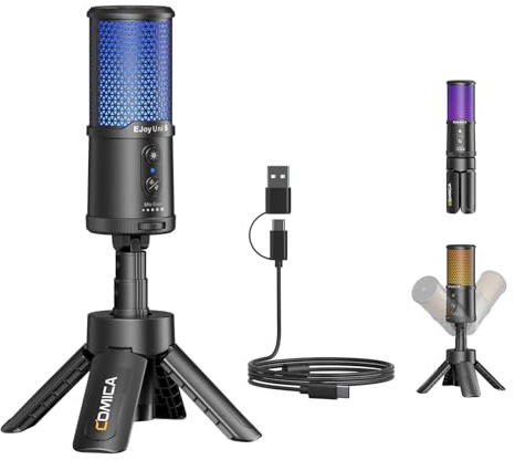 COMICA EJoy Uni S - Micrófono condensador USB con silencio, control de ganancia, iluminación RGB, reducción de ruido y monitoreo, para streaming, podcasting, juegos, compatible con PC, Mac, PS4/PS5
