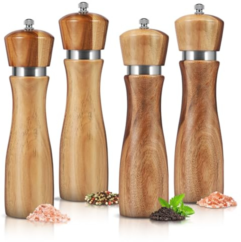 Set di 4 macinini per sale e pepe in legno di acacia, regolabili per una grossolanità personalizzata, realizzati in acacia massiccia con nucleo in ceramica regolabile, ricaricabili e shaker per spezie
