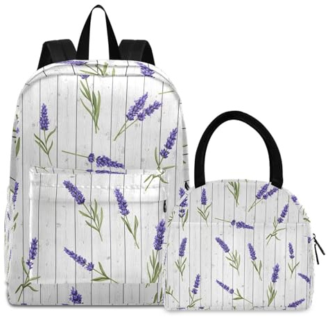 RPLIFE Mochilas escolares, flores de lavanda, mochila impermeable de madera blanca, mochila hielera para niñas con lonchera
