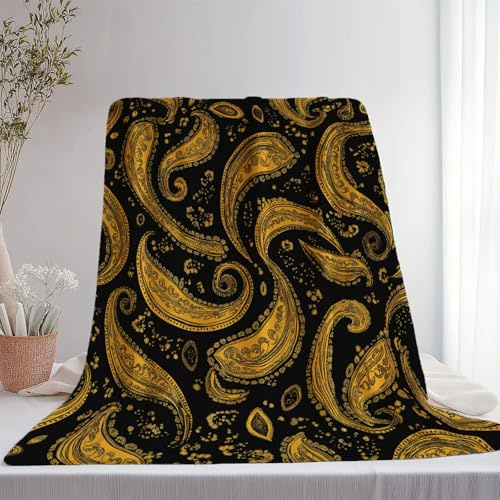 Sherpa Manta 127 x 152 cm, Suave Y Acogedora Tradicional Lujo Cachemir Estampado Manta de Franela para Cama Camping Viajes sofá - Negro Dorado Frazada Cálida