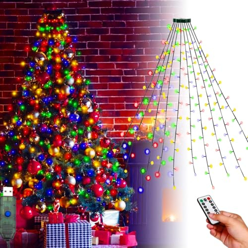 2M Weihnachtsbaum Lichterkette mit Ring USB, 280 LEDs 10 Stränge 8 Modi Christbaumbeleuchtung Überwurf mit Fernbedienung, IP44 Wasserdicht Lichterkette für Weihnachtsdekorationen Baum (Farbe, 2M)