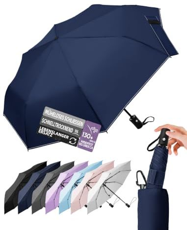 LILAC Regenschirm Klein Stabil Windfest, 110cm Taschenschirm Auf-Zu-Automatik, Kompakter Reiseschirm mit Klettverschluss & Karabiner, Leicht Faltschirm für Damen Herren