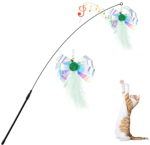 Pawaboo Jouet Interactif pour Chat, Baguette à Plumes avec Grelot | Jouet canne à plumes pour chat, Baguette extra-longue ( 34,5 po) pour jeux de poursuite et exercice, Papillon vert
